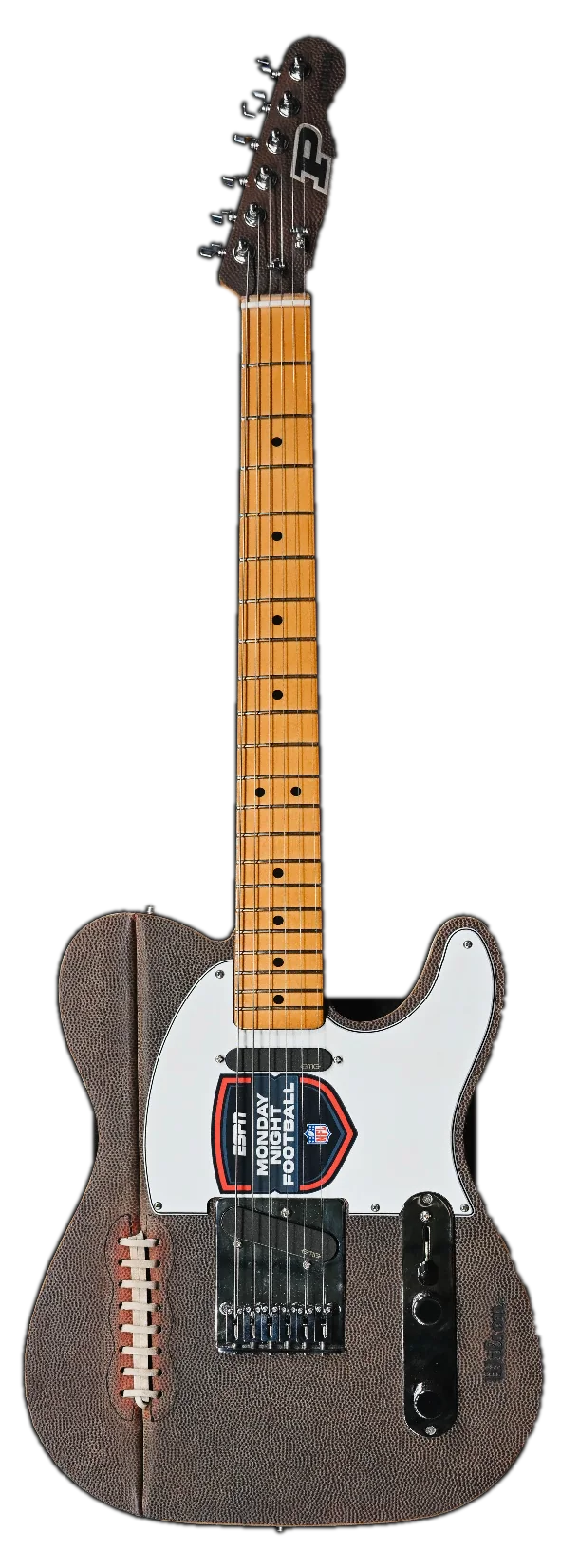 The Monday Night Football guitar from above: football-leather top with laces, white pickguard with the Monday Night Football badge, maple neck
